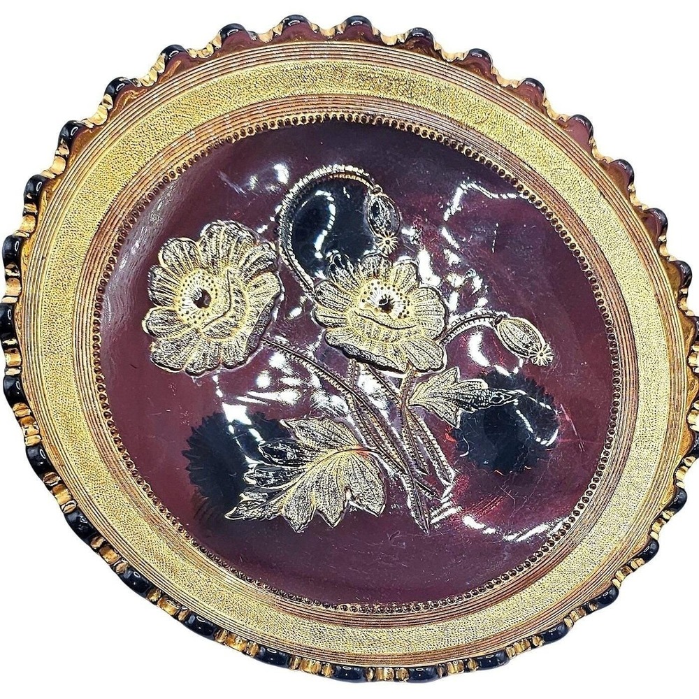 Northwood Iceland‎ Poppy Amethyst Carnival Glass Verre d'Or 3 Footed Bowl 10"